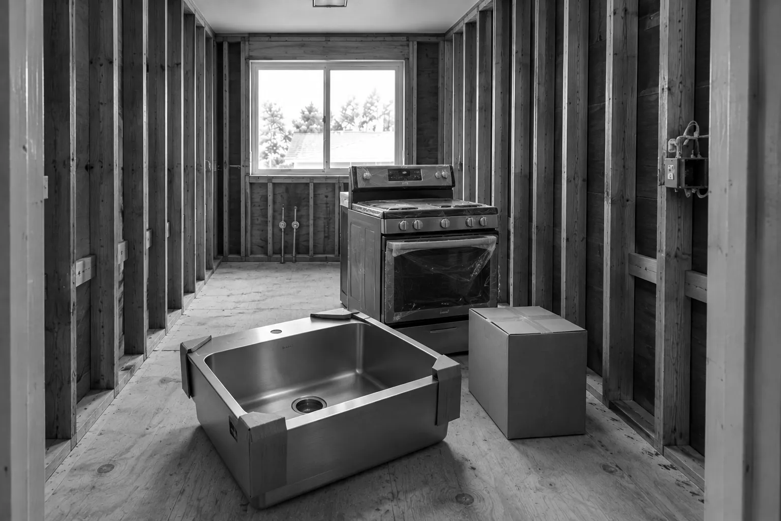 Render of a new stainless kitchen sink and a slide-in range waiting to be installed in a kitchen stripped to the studs.